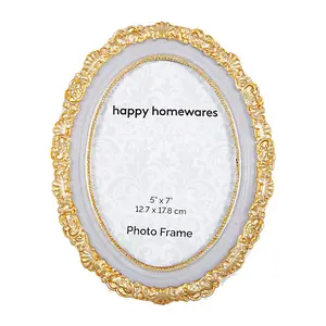 Vintage and Traditional Painted Grey and Brushed Gold Resin Oval 5x7 Photo Frame