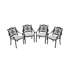 4Pcs Black Cast Aluminum Chairs Bistro Garden Armchair with Seat Cushions