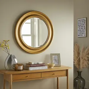 Wall Mirror Hamilton Round Shape with Gold Carved Frame -H 66 cm x W 66 cm for Hanging in Bedroom or Living Room above a Dresser