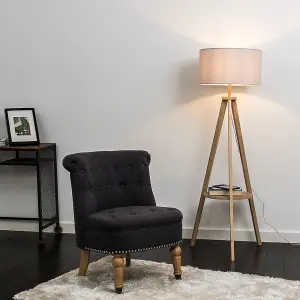 ValueLights Morrigan Light Wood Tripod Design Floor Lamp with Storage Shelf and Grey Drum Shade