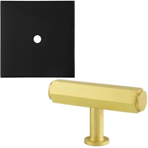 Cabinet Door Knob & Contrasting Backplate Set - Hex T Bar Pull - Satin Brass & Matt Black