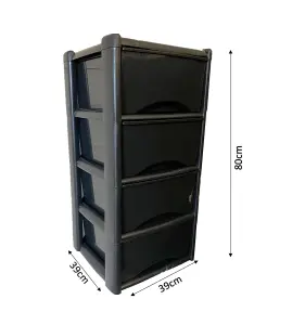 4 Drawer Large Plastic Storage Drawer Tower - Home, Offices and Children's Toys Storage Solution (Black Draw/ Black Frame)