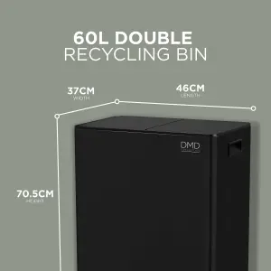 DMD Matt Black Stainless Steel 60L Waste & Recycling Kitchen Bin, 2 x 30L Buckets & 3L Compost Bin, Soft Closure