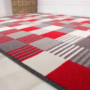 Red Grey Geometric Block Striped Non Slip Washable Kitchen Utility Mat 66x200cm