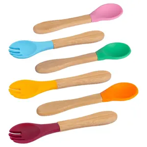 6pc Bamboo Baby Weaning Forks Set with Silicone Tip - Multicolour