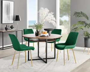 Adley Brown Wood Effect And Black Round Dining Table with Storage Shelf and 4 Green Velvet Gold Leg Pesaro Dining Chairs