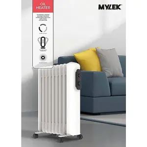 Mylek Oil Filled Radiator Electric Heater Portable With Adjustable Thermostat - White 2000w