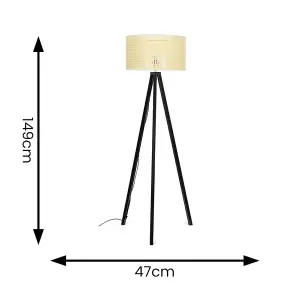 ValueLights Barbro Black Wood Tripod Floor Lamp with Large Wicker Effect Lampshade - Bulb Included