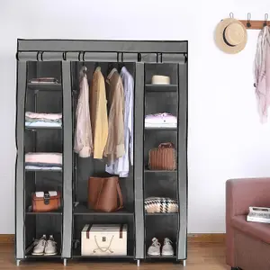 Fabric Canvas Wardrobe Organizers Clothes Rail Shelves Storage Closet Triple - Grey