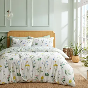 Anhthu Cotton Floral Duvet Cover Set with Pillowcases White/Green / Single Duvet Cover + 1 Standard Pillowcase