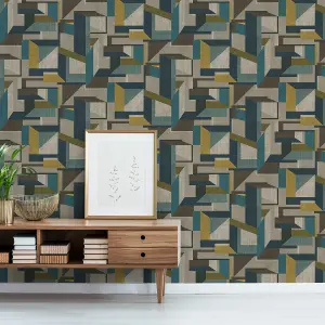 GDUK Geometric Shapes Galene Textured Wallpaper, Teal Ochre