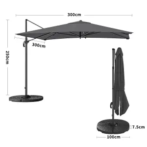 3M Large Square Canopy Rotatable Tilting Garden Rome Umbrella Cantilever Parasol With Fan Shaped Base, Dark Grey