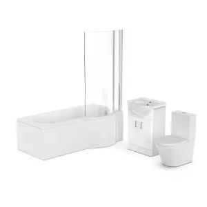 Nes Home P-Shaped RH Bath White 550mm Vanity Basin Unit WC Unit & Toilet Suite