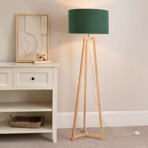 ValueLights Lottie Natural Wood Tripod Floor Lamp with Forest Green Drum Shade - LED Bulb Included