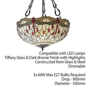 Tiffany Glass Hanging Ceiling Pendant Light Bronze & Dragonfly Lamp Shade i00102