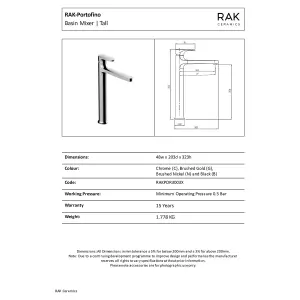 RAK Portofino Tall Brushed Gold Modern Basin Tap Solid Brass