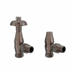 Traditional Thermostatic TRV Antique Design Angled Radiator Rad Valves Pair Antique Copper