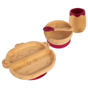 Tiny Dining - Monkey Bamboo Suction Baby Feeding Set - Red - 4pc