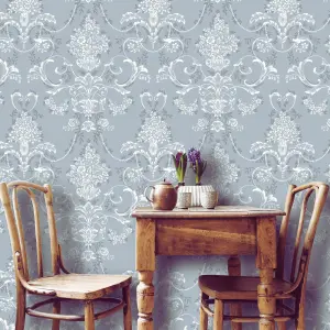 Amelie Damask Floral Blue & White Wallpaper 260246