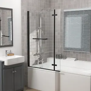 Rinse 810x1400mm Square Bath Shower Screen Bifold 6mm Safety Glass Easy Clean Panel Frameless Pivot Screen Black with Towel Rail