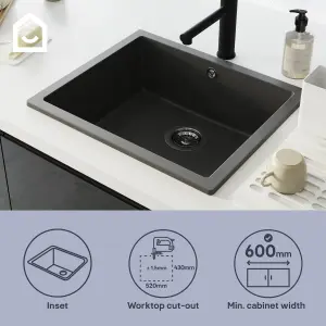 GoodHome Sorrel Black Composite quartz 1 Bowl Kitchen sink 550mm x 460mm