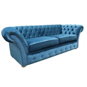 Chesterfield Handmade 3 Seater Sofa Malta Peacock Blue Velvet Fabric In Balmoral Style