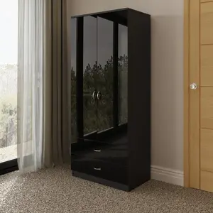 Brendle 2 Door 2 Drawer Combi Wardrobe - High Gloss Front, Soft Close Doors, Polished Metal Handles Black