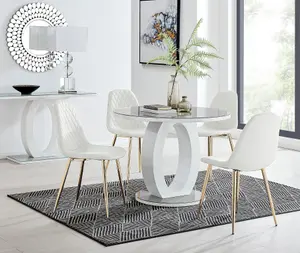 Giovani Round 4 Seat 100cm White High Gloss Halo Base Grey Glass Top Dining Table 4 White Faux Leather Gold Leg Corona Chairs