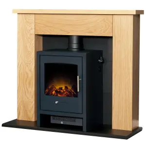 Adam Chester Stove Fireplace in Oak & Black with Bergen Electric Stove in Charcoal Grey, 39 Inch