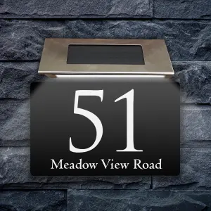 Personalised Aluminium House Plaque with Solar Light Customised with Your House Number and Street Name 160 x 280mm Black