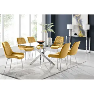 Lenworth Glass Rectangular Dining Table Set with 6 Luxury Velvet Chairs Silver / Mustard/Silver