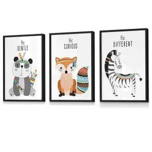 Set of 3 Framed Tribal Animal Quote Kids Wall Art/ A4 (21x30cm) / Black Frames