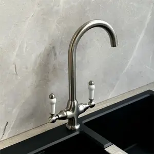 Liquida W22BN Traditional Twin Lever Swivel Brushed Nickel Kitchen Mixer Tap