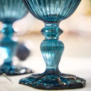 Set of 4 Luxury Embossed Blue Drinking Wine Glass Wine Goblets 280ml