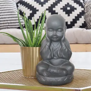 IDEALIST™ Buddha Statue 13.8 Inch Tall, Grey Reinforced Stone Sitting Baby Monk Figurine for Home and Garden L20 W17 H35 cm