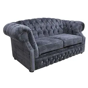 Chesterfield Crystal 2 Seater Velluto Grey Fabric Sofa In Buckingham Style