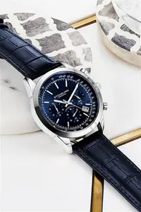 STÜHRLING Original Rialto Chronograph Watch Quartz With Tachymeter 44mm Silver Case Blue Leather Band | Men's