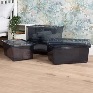 Wham Crystal 5x 45L Plastic Storage Boxes with Lids. Medium Size, Strong. Made in the UK Tint Smoke