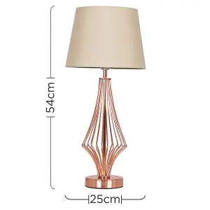 ValueLights Jaspa Copper Metal Wire Geometric Diamond Design Table Lamp with Beige Tapered Shade with 6w LED GLS Bulb