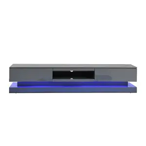 Step TV Stand With Storage for Living Room and Bedroom, 1800 Wide, LED Lighting, Media Storage, Grey High Gloss Finish