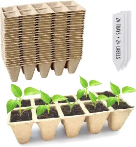 10 Seed Trays x 24 Pack - Biodegradable Seedling Trays for Germination, Transplanting & Planting - 240 Cells with Plant Labels