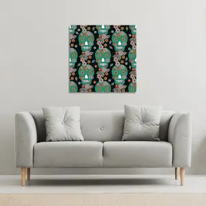 Embroidery colorful simplified ethnic flowers and skull pattern (Canvas Print) / 114 x 114 x 4cm