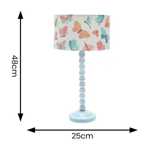 Powder Blue Bobbin Stem Table Lamp with Butterfly Drum Shade for Living Room Bedroom