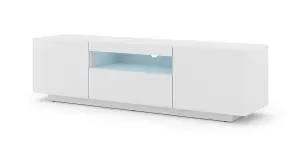 Aura Modern TV Cabinet 150cm in White Matt with Blue LED Lighting - W1500mm x H36-420mm x D370mm