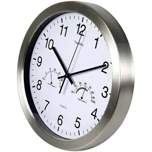 Large Bold Quartz Metal Wall Clock with Temperature & Humidity, 12'' Non Ticking Silent Sweeping Seconds