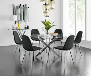 Furniturebox UK Novara Chrome Metal And Glass Large Round Dining Table And 6 Black Corona Silver Chairs Set