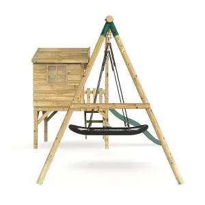 Rebo Orchard 4ft x 4ft Wooden Playhouse with Standard Swing, Boat Swing, 900mm Deck and 6ft Slide - Sage Green