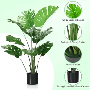 Costway 120cm Artificial Monstera Deliciosa Tree Faux Tree W/ 10 Leaves & Cement Pot