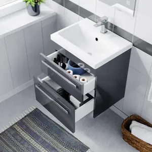 Nes Home Nanuya 500mm Wall Hung 2 Drawer Vanity Basin Unit Steel Grey