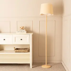 ValueLights Triston Natural Light Wood Stem Floor Lamp with Scallop White Trim Tapered Shade and LED Bulb